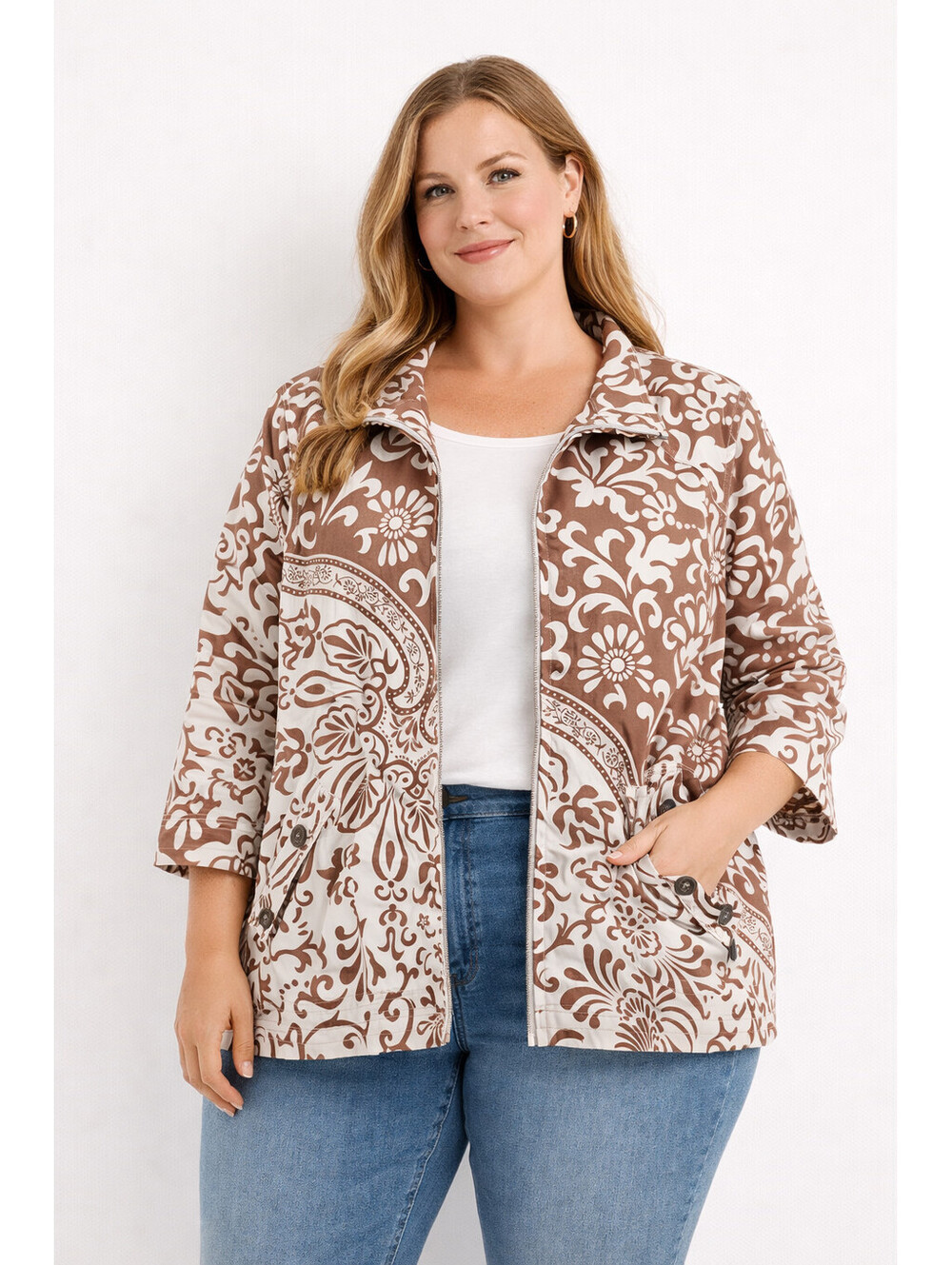 Sportelle Paisley Jacket 1X Brown White Zip Cotton Stretch Plus Size